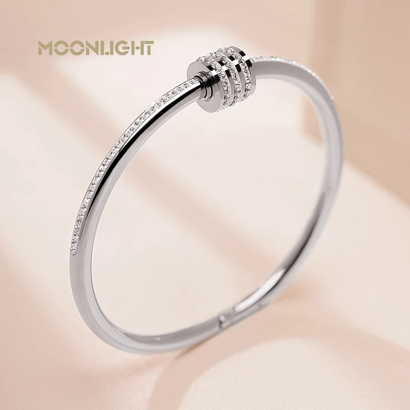 MOONLIGHT Classic Stainless Steel Zircon Bangle For Women Circular Screw Bracelet Female Jewelry Gifts Fashion Accessories 2