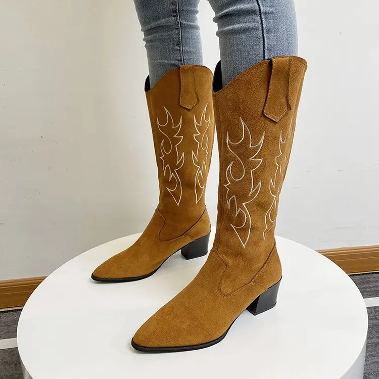 Fashion Retro Ethnic Style Mid-boots 2022 New Autumn and Winter Suede Western Cowboy Embroidery Thick-heeled Knight Boots