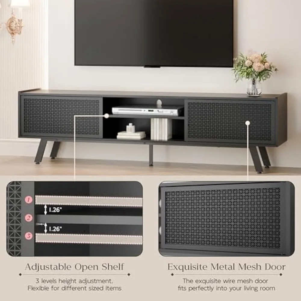 Black TV Stand for 65 70 Inch TV, Modern Iron Rattan TV Console with Sliding Door, Entertainment Center with Storage 4