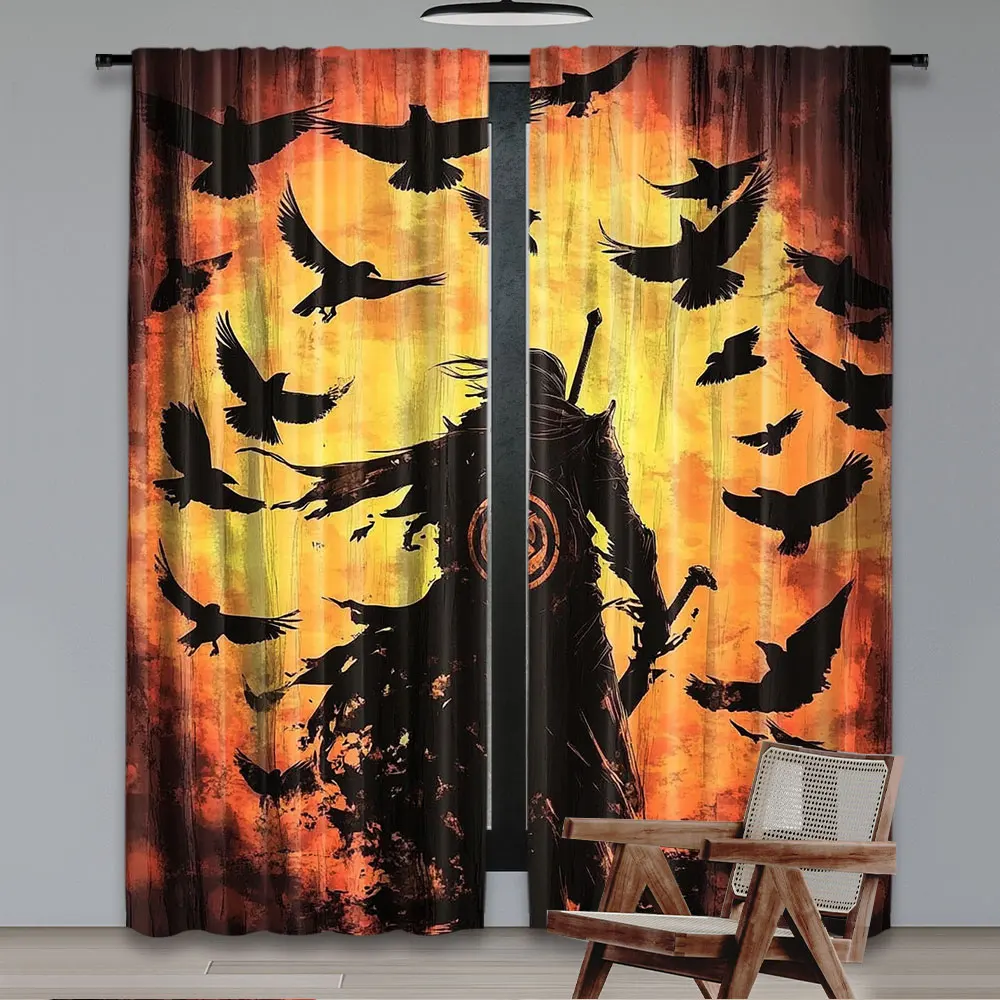 2Pcs Japanese Anime Samurai Windows Curtains Crow Curtain Theme For Living Room Bedroom Modern Simplistic Drapes 2
