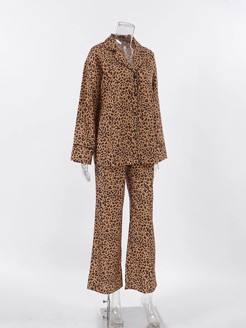 Marthaqiqi Leopard Print Women'S Nightgowns Suit Long Sleeve Nightwear Sexy Turn-Down Collar Sleepwear Pants Fashion Pajamas Set