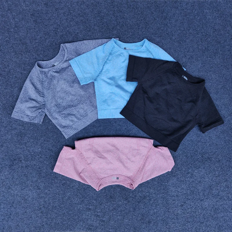 

Однотонная бесшовная рубашка для йоги, женский укороченный топ для фитнеса с коротким рукавом, топы для тренировок, одежда для спортзала, спортивная одежда, футболки для бега