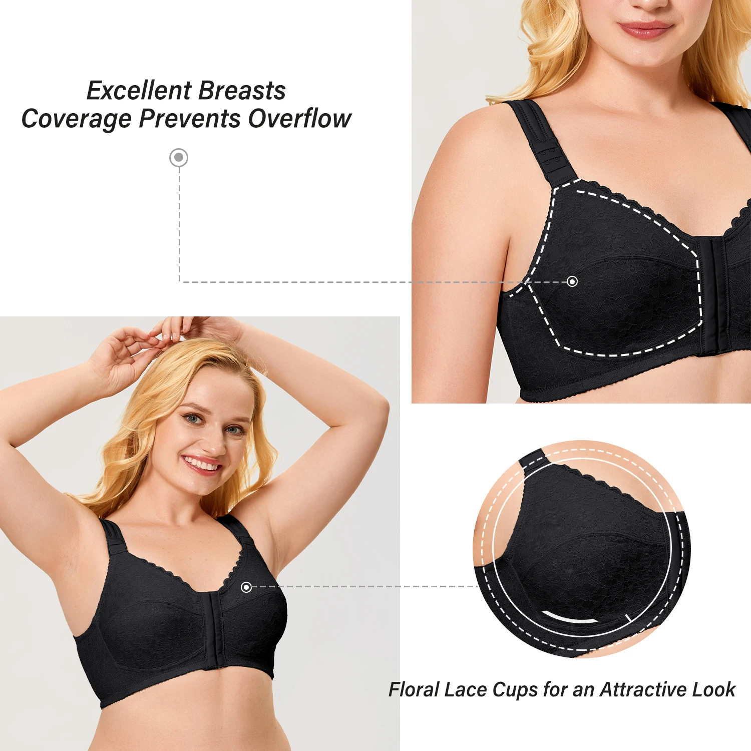 Women's Front Closure Posture Wirefree X Back Support Delicate Floral Lace Bra Cotton Wirefree Back Support Lingerie