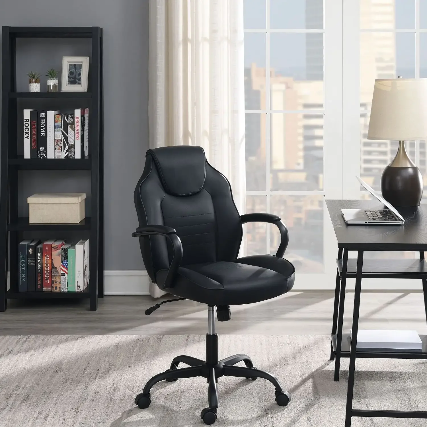 

Elegant Black Faux Leather OFFICE CHAIR with Adjustable Height and Lumbar Support for Comfortable Seating Experience