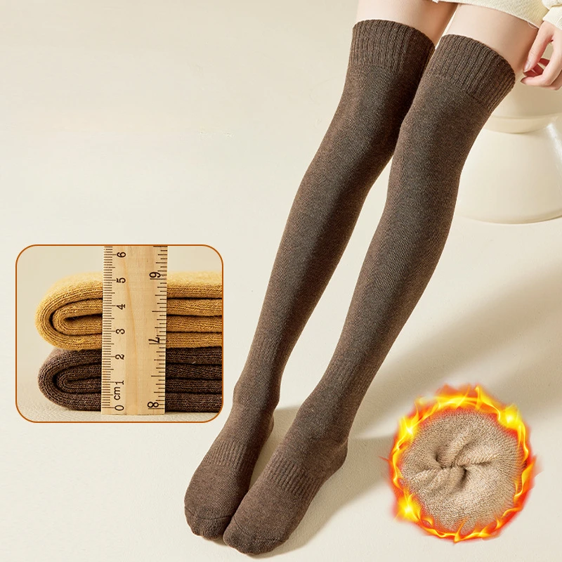 Chaussettes longues au-dessus du genou pour femmes, chaussettes chaudes, tube optique, bonneterie, éponge, solide, document, épais, mollet, hiver