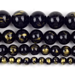 White Red Gold Plated Jade Round Natural Stone Beads for Jewelry Making and DIY Accessories (Black)