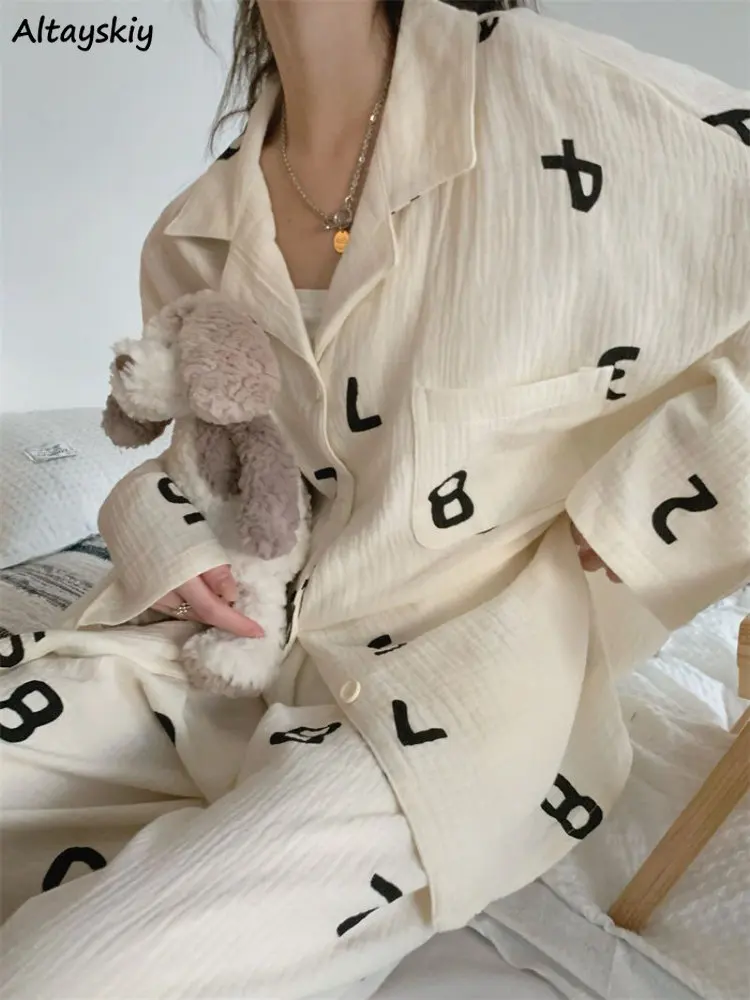 

Пижамный комплект с надписью для женщин, осенняя свободная одежда с длинным рукавом, элегантная повседневная Милая одежда для сна в стиле Харадзюку для колледжа, корейская мода