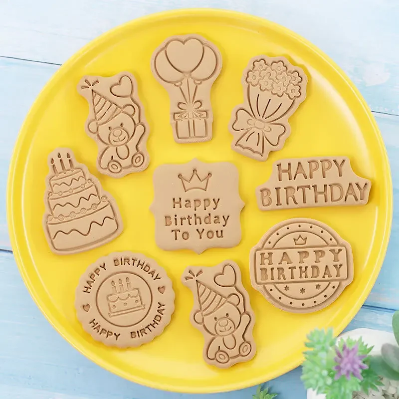 Cookie Cutter Set 8Pcs Happy Birthday Theme Cake Bear Flower Biscuit Mold Cookie Stamp Baking Pastry Bakeware for Birthday Party