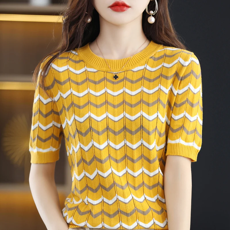 

Женская хлопковая Футболка с круглым вырезом, повседневный вязаный пуловер свободного покроя с коротким рукавом, лето 100%