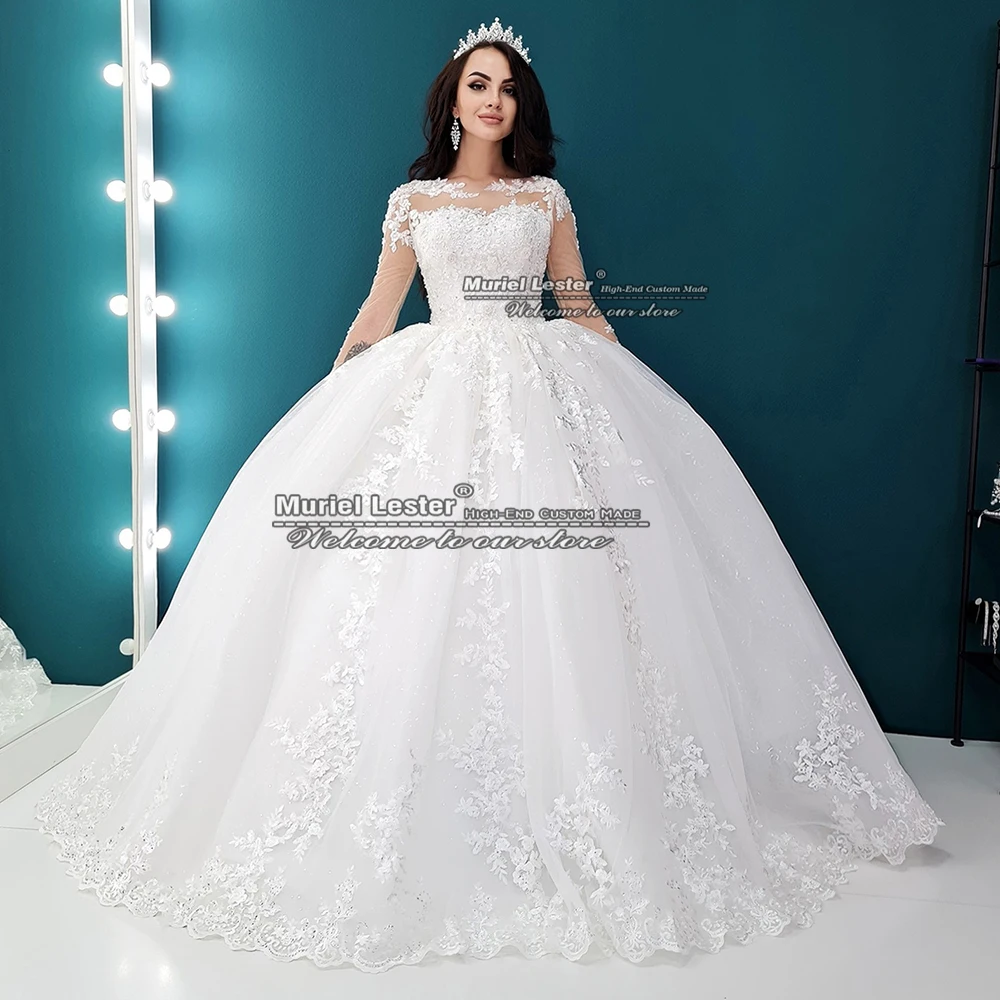 

Luxury Ball Gown Wedding Dresses For Women Bride Marriage Full Sleeves Nude Tulle White Appliques Beading Formal Bridal Gowns