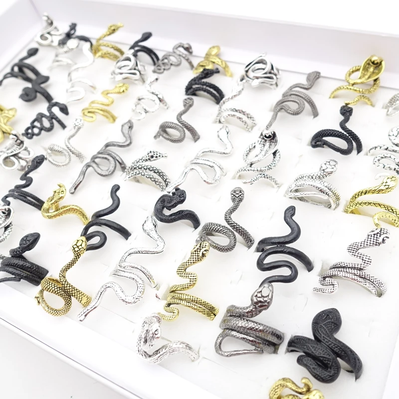 30pcs Men Women Snake Rings Fashion Jewelry Punk Style Animal Party Gift Wholesale Lot Size Adjustable Black Gold Silver Plated