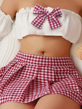 Sexy School Girl Costume Set Bow Strapless Bra Plaid Mini Skirt Arm Sleeves Babydoll Sleepwear Outfit for Women 1