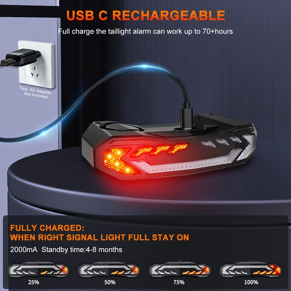 Remote Control Bike Alarm Wireless Vibration Alarm Bicycle Taillight Extractme Wireless Bicycle Alarm Rear Tail Light Turn Signal IP65 Waterproof Remote Control USB Bike Brake Taillight