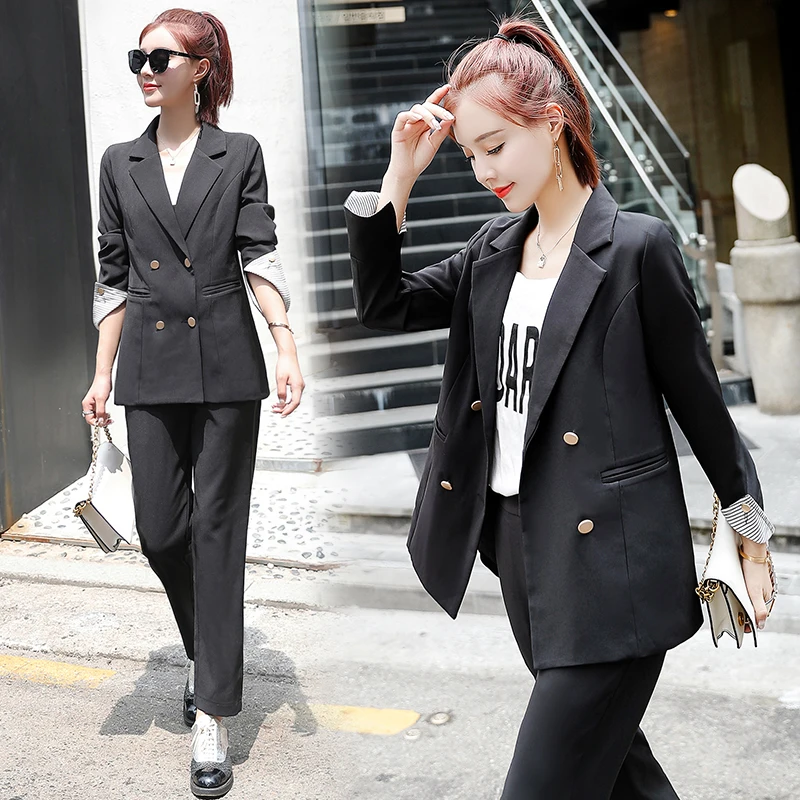 

Spring Autumn Korean Style Fashion Black Blazer and Pants Set for Women Formal Slim Elegant Office Ladies Workwear 2 Pieces Set