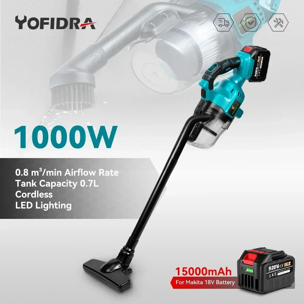 YOFIDRA Elektrischer Staubsauger 1000W Kabelloses Handkraftvolles Wiederaufladbares Haushalts Innenreinigungsgerät Kompatibel mit Makita 18V Batterie Pin