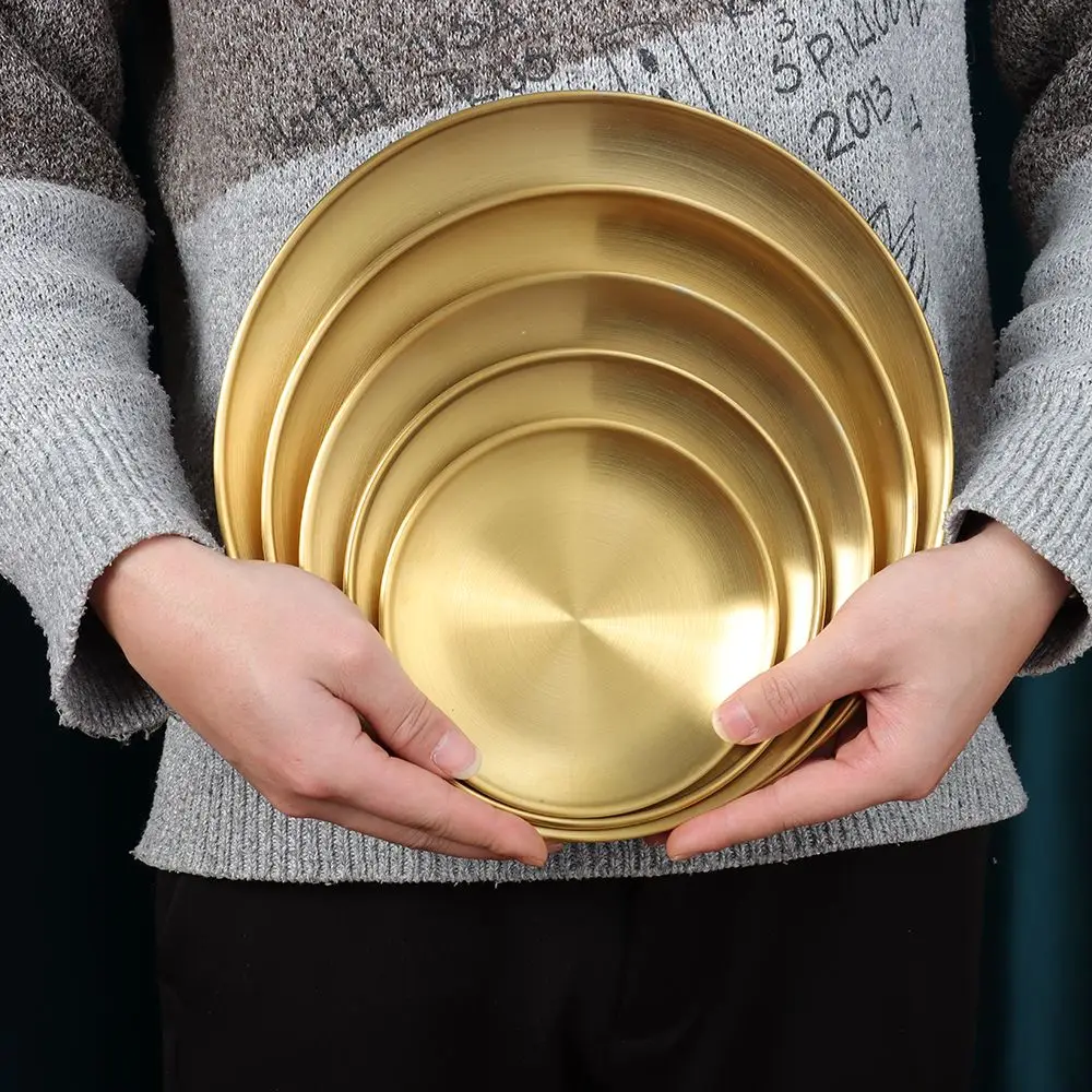Stainless Steel Gold Silver Tableware Cake Dessert Round Plate Metal Dining Disc Bone Spitting Dish Shallow Tray
