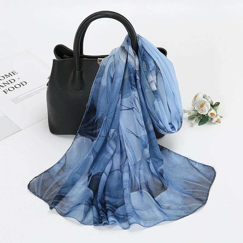 Chiffon Scarf Lotus Print For Women Summer Neck Sun Protection 150*50cm