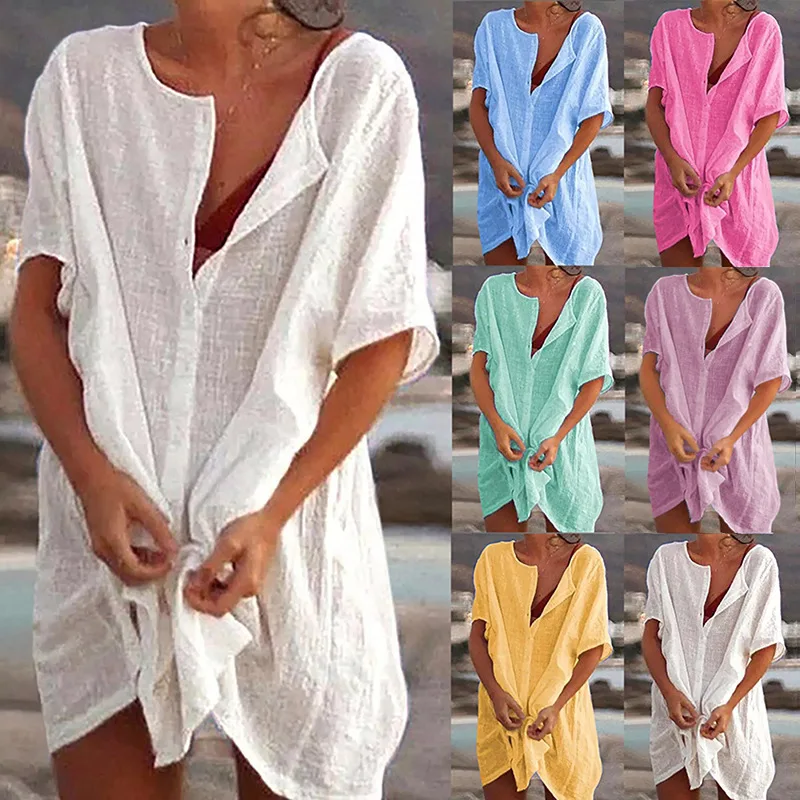 

New Women's Cover-ups Cotton Beach Shirt Summer Tops Casual Midi Dresses Fashion Solid Loose Tunics Female Swimwear