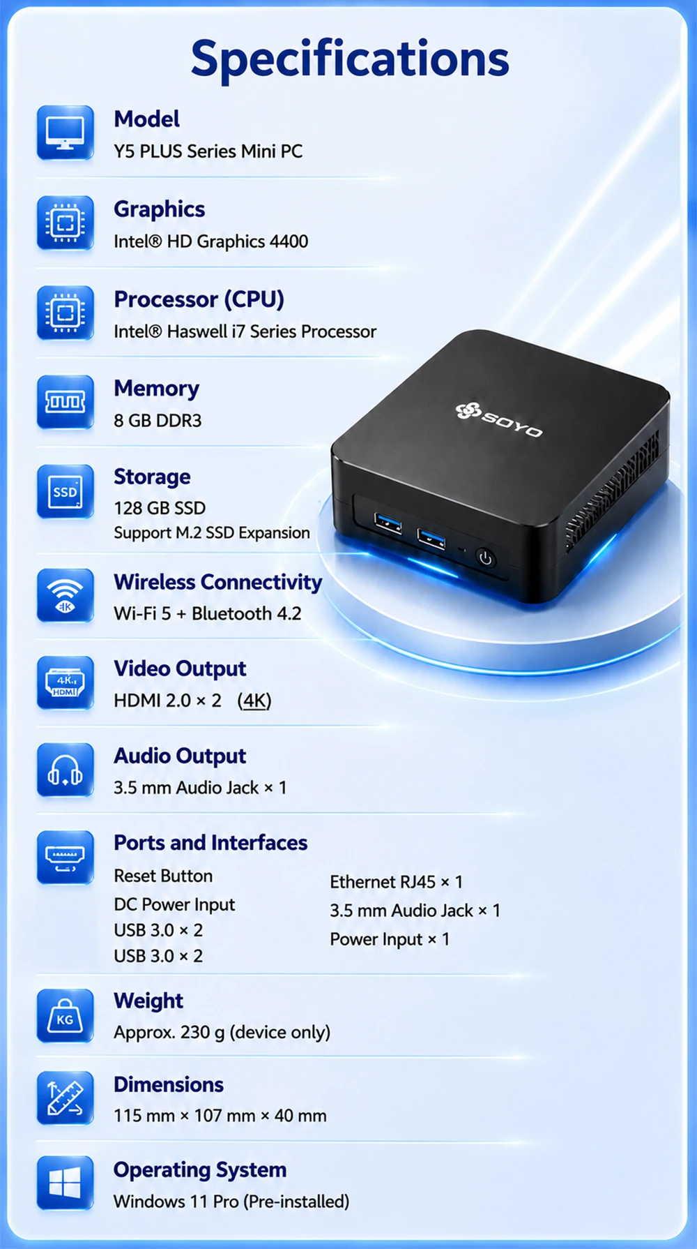 Soyo Mini Pc Y5 Plus Intel Core I7 4Th Gen 8Gb Ram 128Gb Rom Windows 11 Pro Wifi Bt4.2 Mini Desktop Computer Hd Graphics HDMI Display Rj45 Lan Usb3.0 Silent Cooling Home Office Business Portable Mini Host