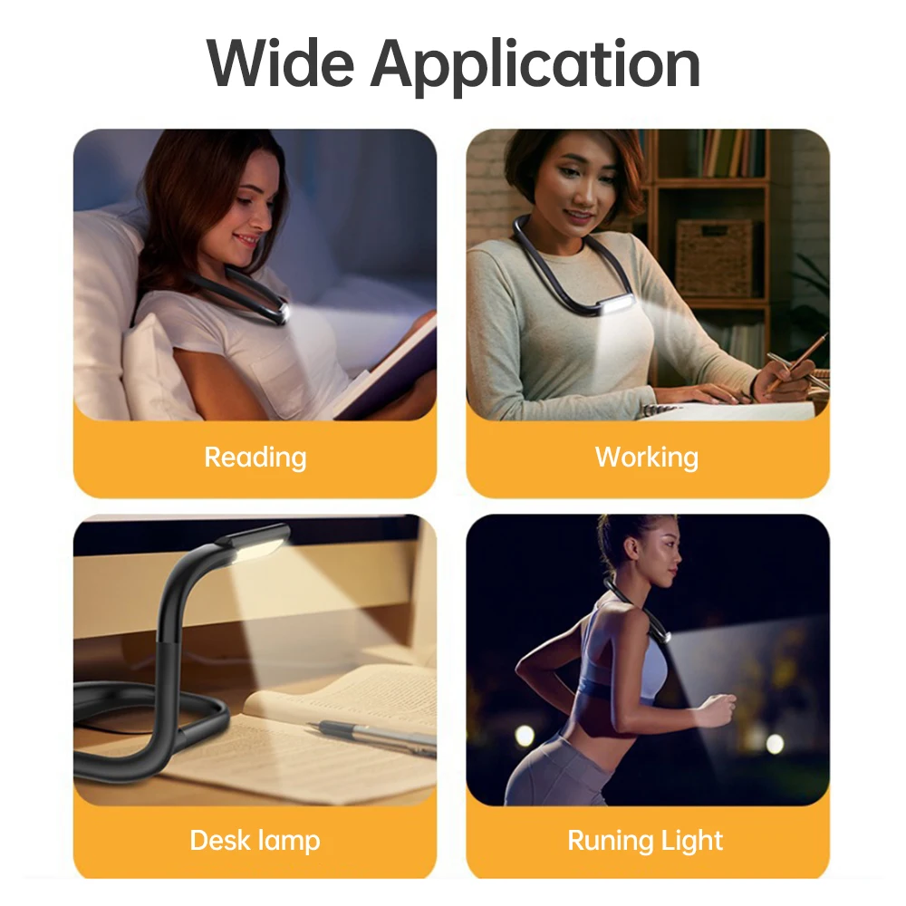 Neck Reading Light Rechargeable Book Light with 3 Color Adjustable Brightness Eye-friendly Desk Lamp Bendable Arms for Reading