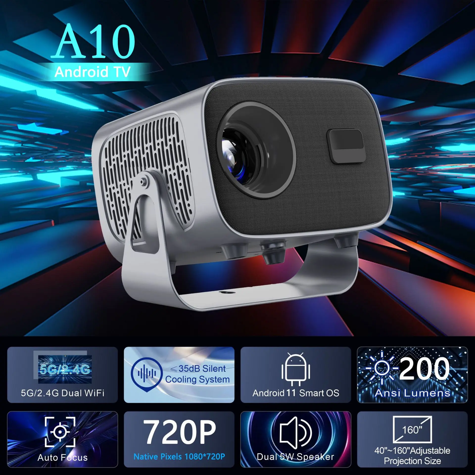 A10 Rotating Pan Tilt Convenient Projector Android 11 8GB RAM 4K