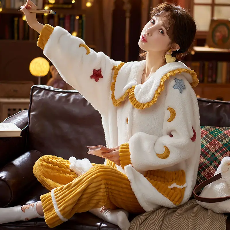 Sleepwear Women Autumn Winter Warm Pajama Sets Flannele Long Sleeve Kawaii Clothing Thick Nightwear Korean Chic Pant Homewear