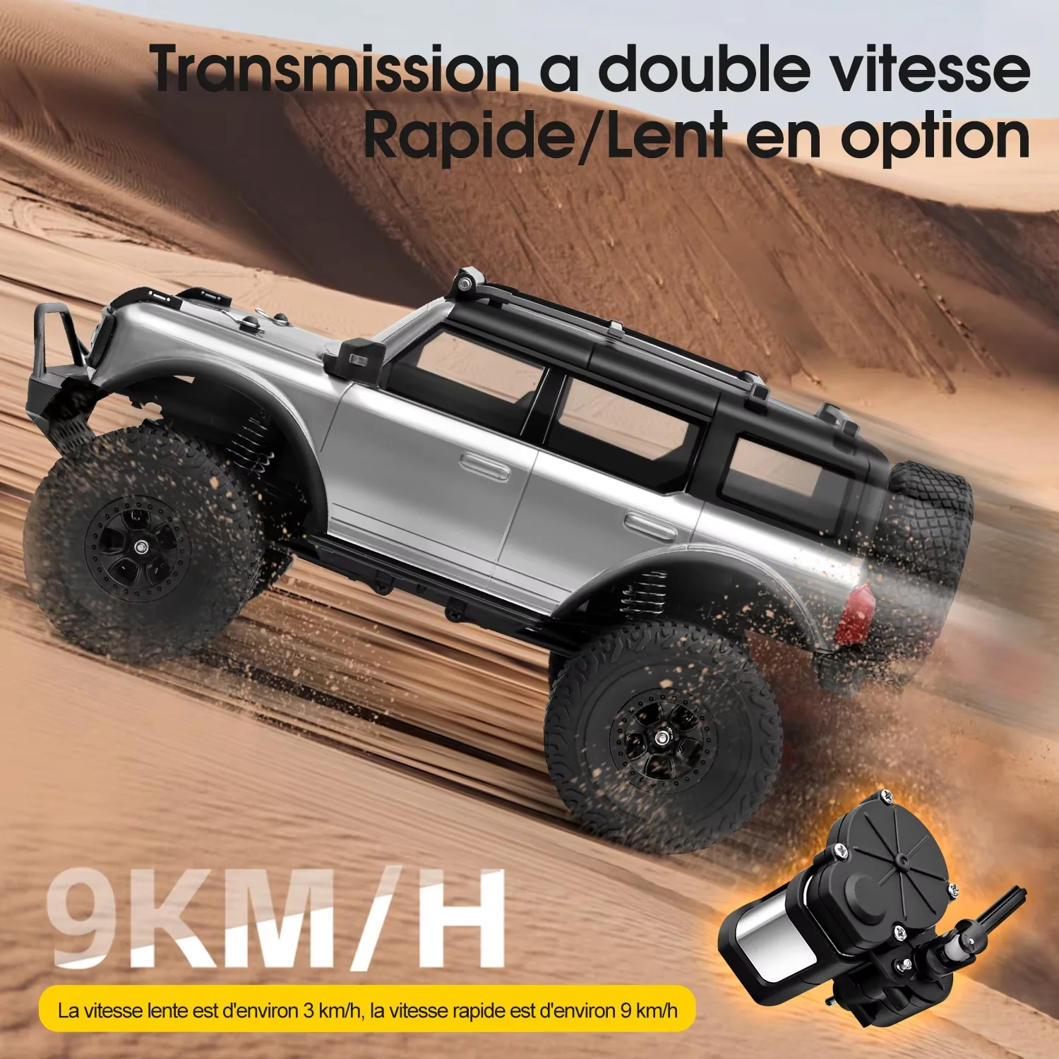 WLtoys 184023 1:18 voiture télécommandée 4WD avec lumières LED, vue de dessus avec le châssis robuste.