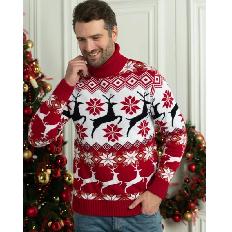 thumbnail image 1 of Suéter de cuello alto con reno navideño Suéteres navideños de manga larga para parejas Suéteres de invierno cálidos y gruesos, 1 of 4