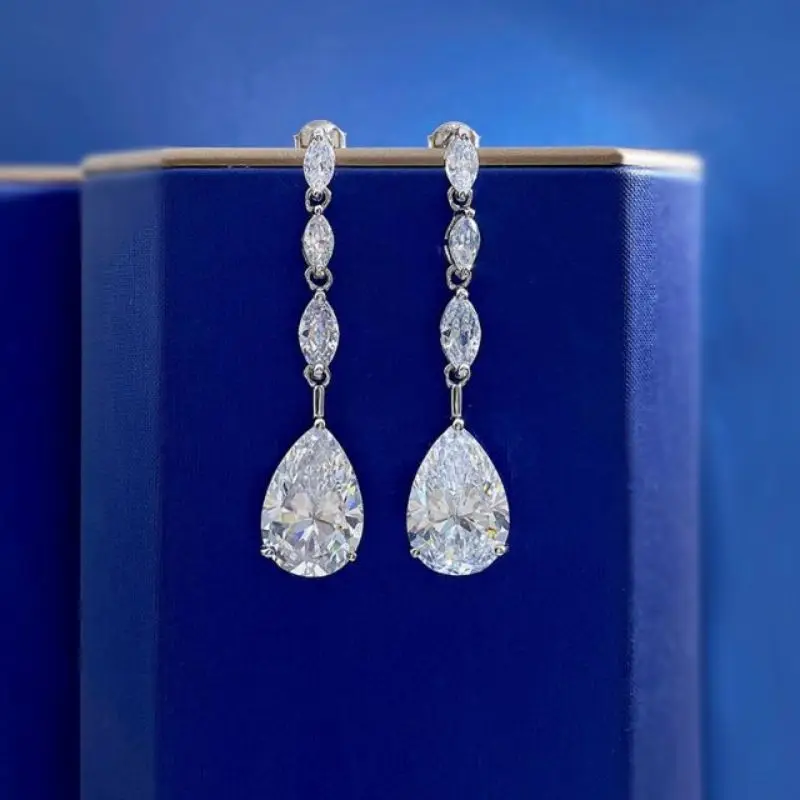 

925 Sterling Silver Cubic Zirconia Crystal Marquise Teardrop Dangle Bridal Earring Fine Jewelry