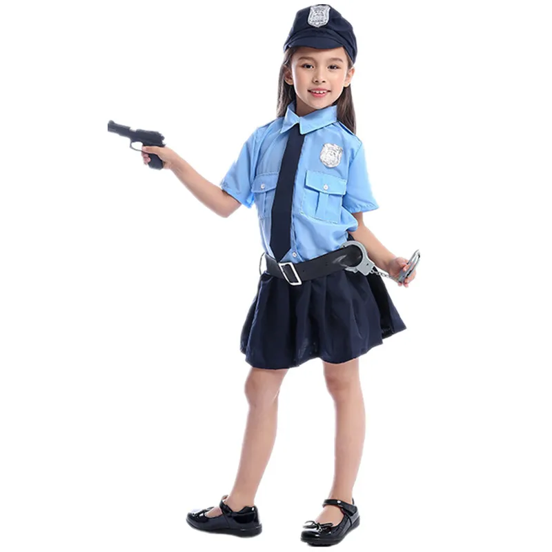 Girls Police Officer Dress Costume Halloween Costume Set Shirt Roll-Up Top Lace-Up Police Woman Dress + Hat Playset