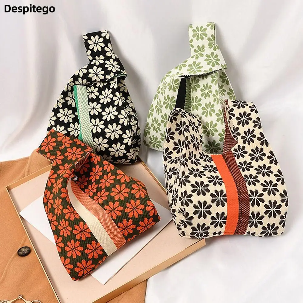 

Bag Lattice Patchwork Grid Makeup Lipstick Bag Plaid Women Flower Handbag Small Tote Bag Stripe Knitted Wrist Bag Mini Knot Bag