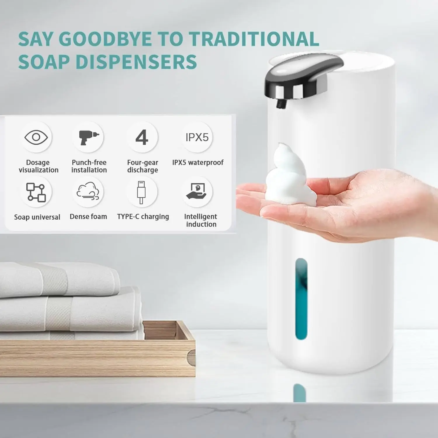 400ml/380ml Automatic Soap Dispenser Touchless Foam Soap Dispenser USB/Battery Type 4 Speed Electric Sanitizer Dispenser Set 2