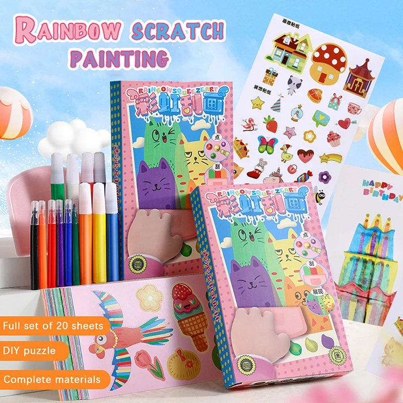 20pcs/set DIY Rainbow Scratch Art Painting Kit For Kids Funny DIY Postcards Novelty Gift For Toddler Party Activities