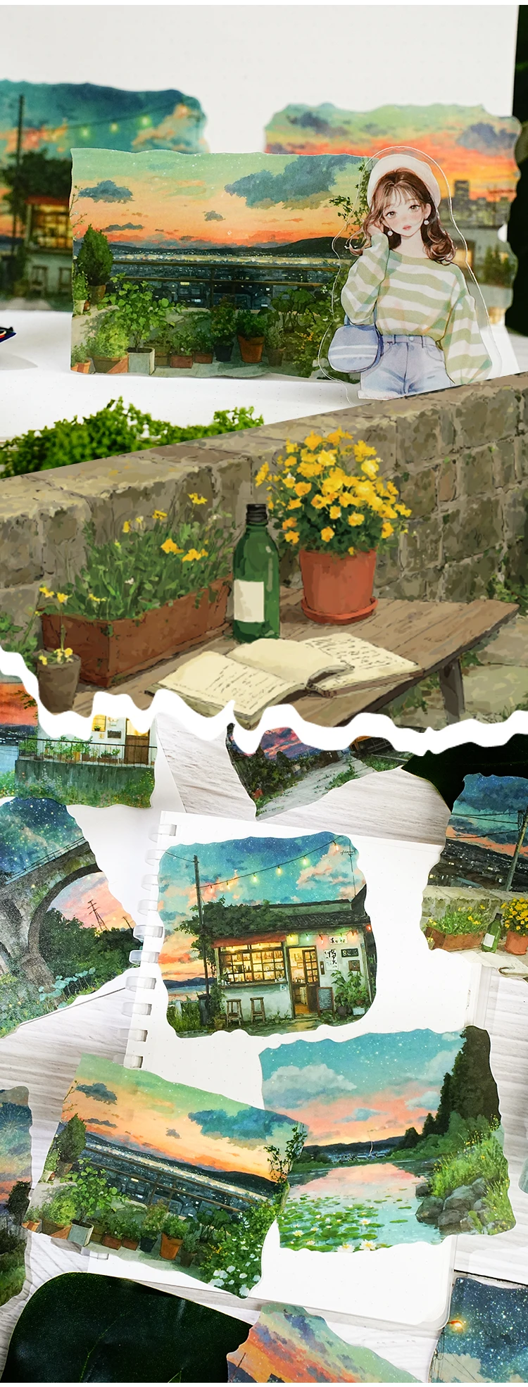 15 Stück große ländliche Landschaft Sonnenuntergang Aufkleber Pack DIY Scrapbook Handbuch ästhetische Schreibwaren – Detail 5