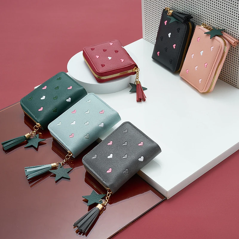 Pu Leather Card Bag Mini Wallet Ladies Money Clip Love Embroidery Multifunctional Wallet Women Short Certificate Storage Bags women wallet
