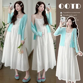 Maternity Suit Summer 2026 Gentle Temperament White Spaghetti Strap Dress And Thin Cardigan Two Piece Set For Pregnant Women