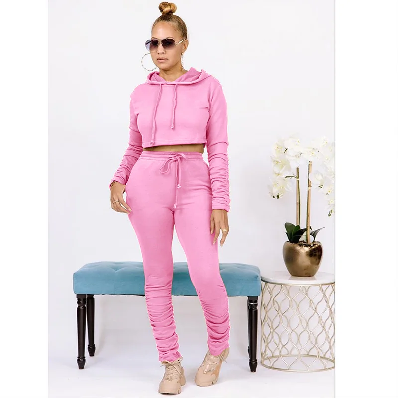 

Autumn Winter Sweatsuit Two Piece Set Women Long Sleeve Hooded Crop Tops and Stacked Pants Matching Sets Casual Sporty Outfits