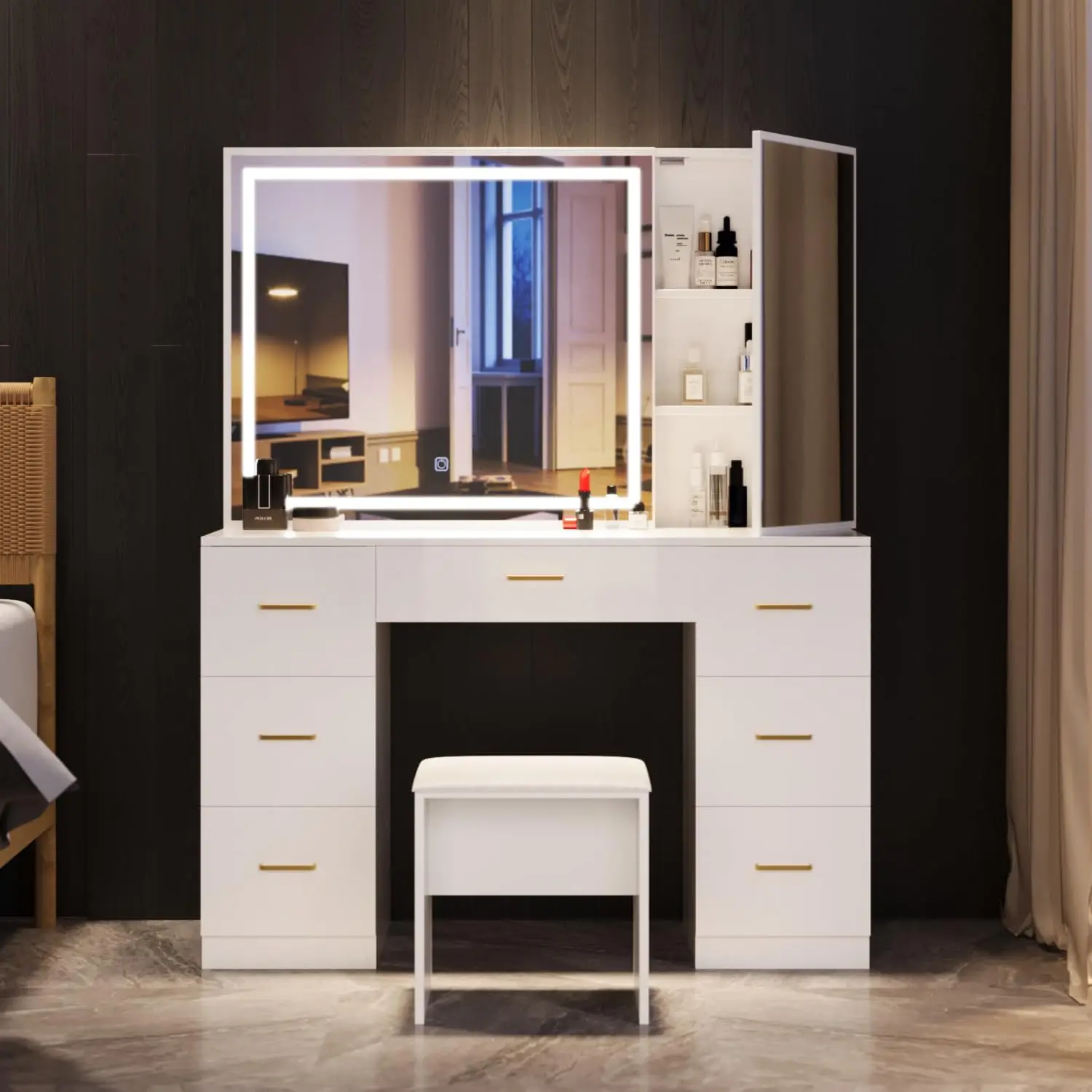 Description Picture 2 of itemLarge Lighted Vanity Desk with Stool, 7-Drawers Makeup Vanity with Mirror, Adjustable Brightness, Bedroom Vanity Set