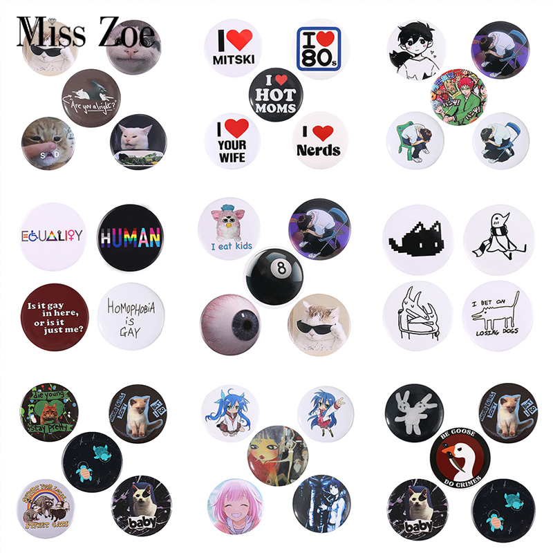 4-5pcs/set Soft Button Pins Set Custom Cartoon Cat Meme Lgbt Anime Icons Book Tinplate Brooch Lapel Badges Jewelry for Friends