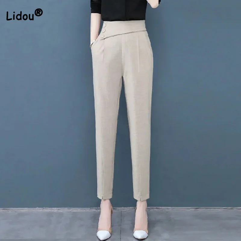 office lady Summer thin high waist Nine points harem pants All-match black Button Patchwork Pockets Little feet Trousers female women s genuine leather gloves thin fleece lining thick velvet black autumn and winter warmth free shipping points finger