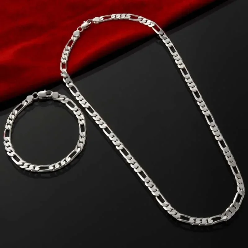 Silver Jewelry Set 925 Sterling Silver Man Figaro Chain Bracelet Necklace 2pcs For Woman
