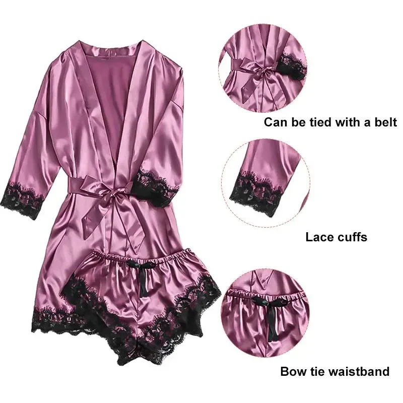 Women Pajamas Set Fashion Print Lace Trim Faux Silk Satin Gown Skin Friendly Comfort Loungewear