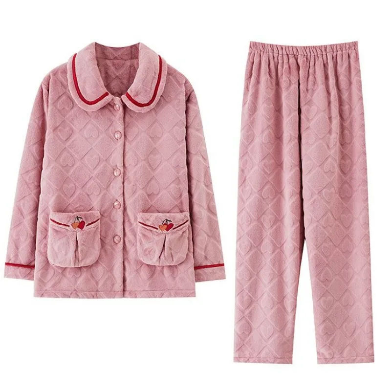 2024 New Women Pajamas Flannel Fleece-lined Thickened Loungewear Autumn Winter Female Lapels Large Size Warm Nightclothes Suit