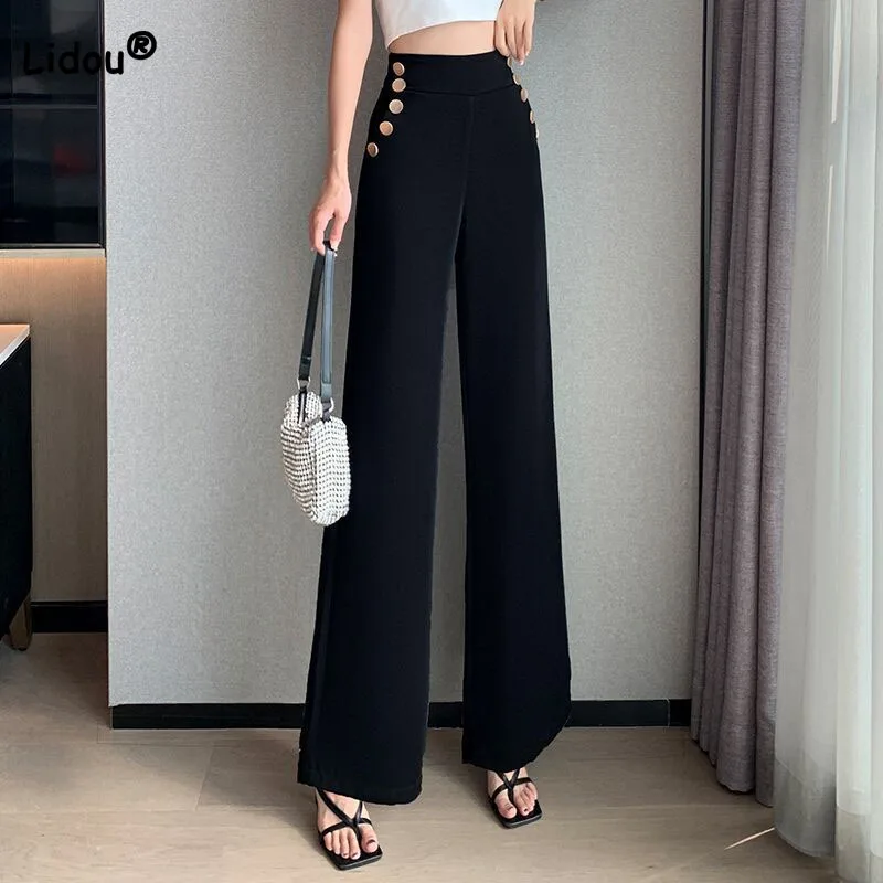 Office Lady Fashion Button Spliced Wide Leg Pants Summer New Womens Clothing Casual Simplicity Solid Color Trousers for Female