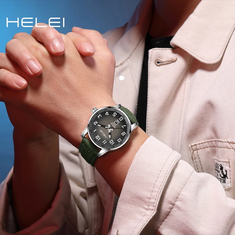 HELEI 2024 Top Brand Men's Military Sport Watch Men Leather Vintage Classic Dial Quartz Wristwatch Calendar Male Clock Relogio