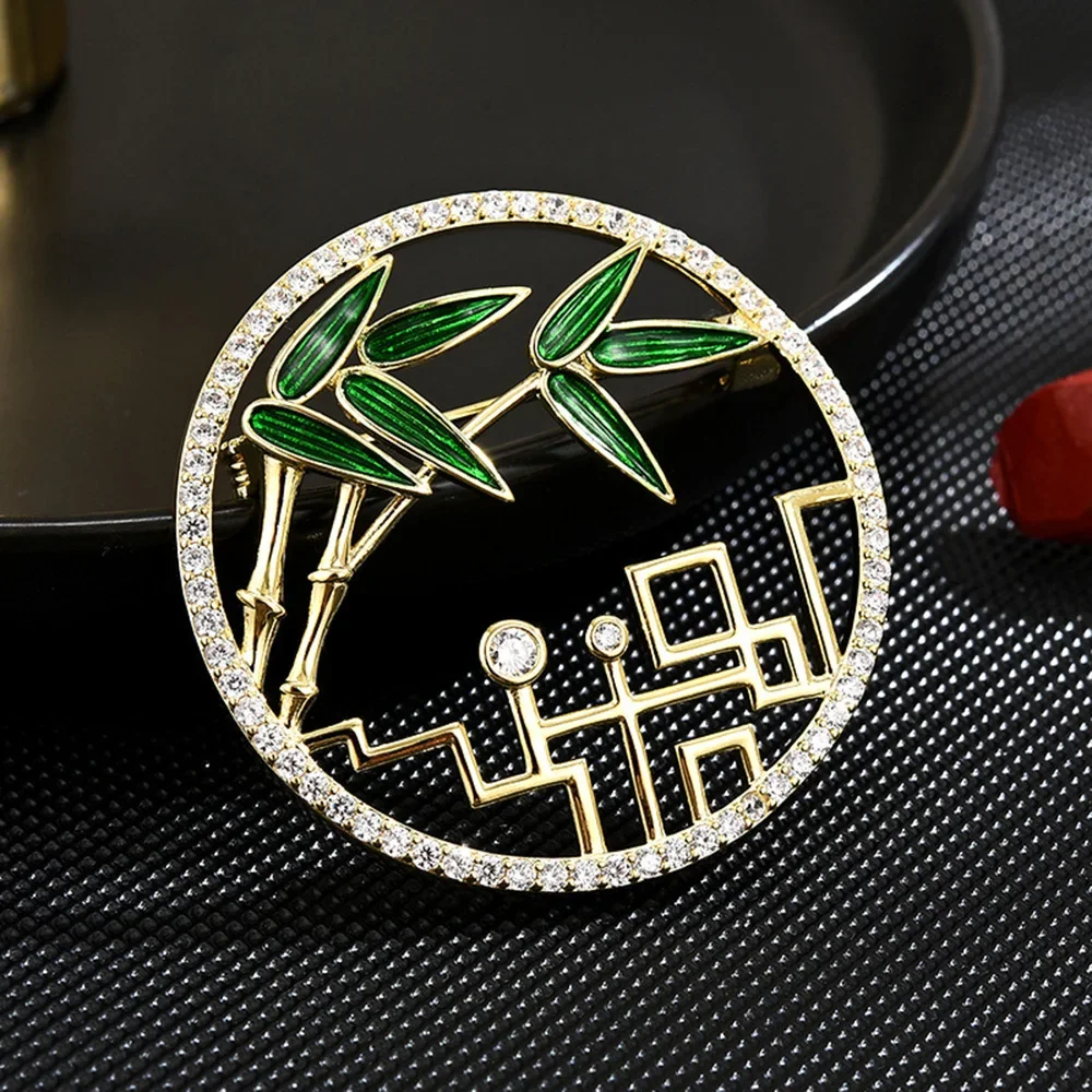 Classical Beauty Light Luxury Brooch Enamel Bamboo Leaf Hollow Rhinestone Circle Brooches Corsage Jewelry Accessories Pins