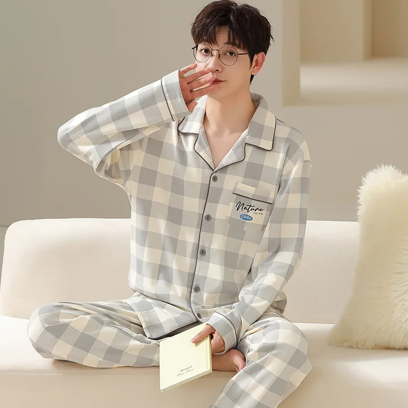 Autumn Winter Men's 100% Pure Cotton Pajamas Lapel Long Sleeve Plaid Cardigan Pants Oversized Comfortable Casual Home Clothing