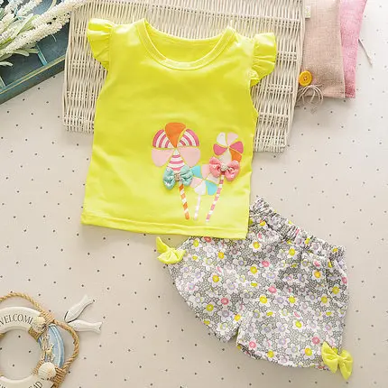 Summer Cute Cartoon 2PCS Kids Baby Girls Floral T-shirt Top Shorts Pants Set Clothes Girls Clothing Sets FengChe-yellow