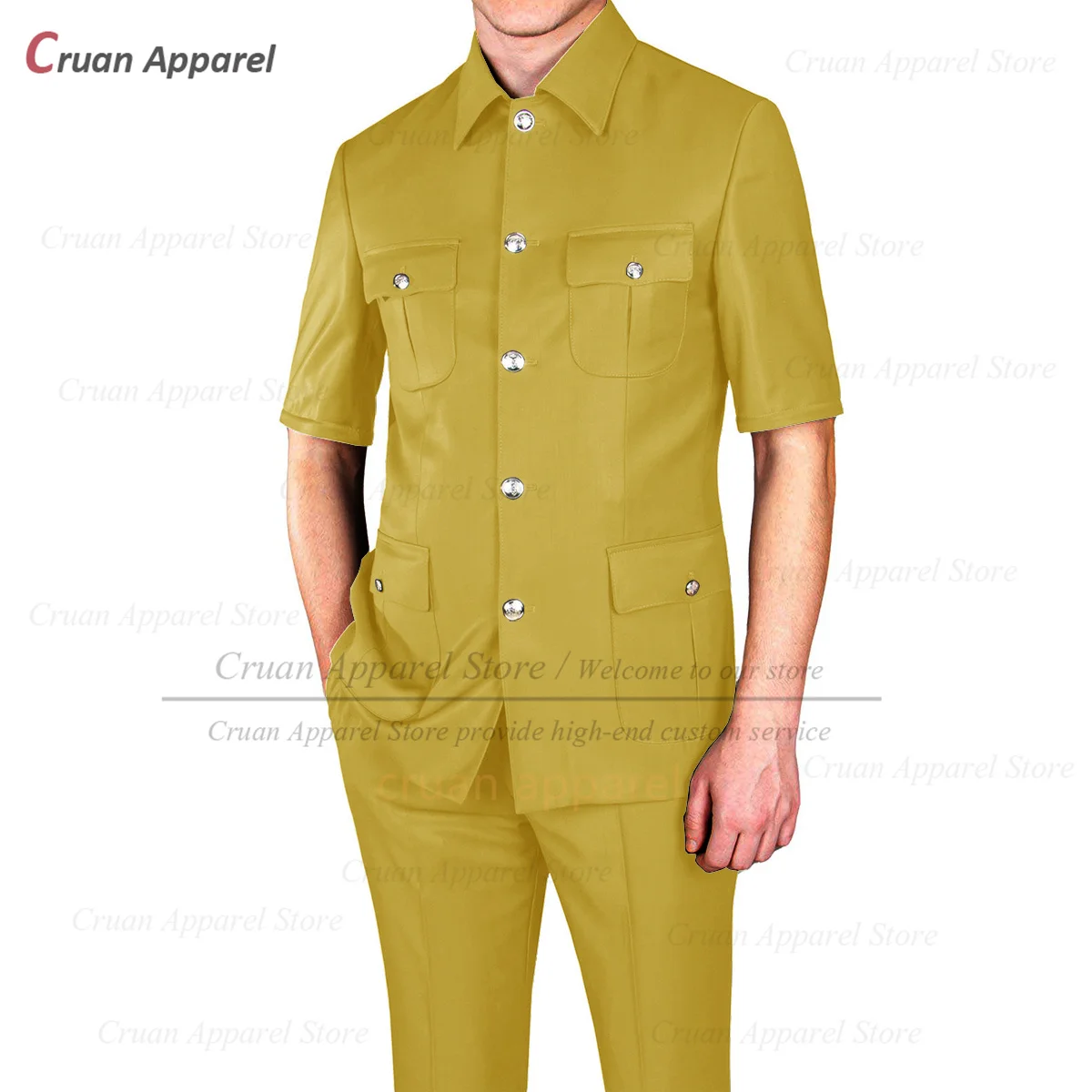 Fashion Men Suit Set Chinese Tunic Suit Summer Wedding Business Slim Fit Blazer Pants 2 Pieces Formal Men Short Sleeve Jackets mens suit