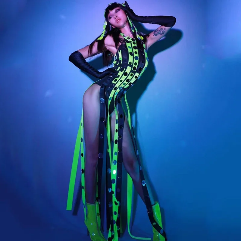 

Fluorescent Green Glitter Tassel Dress Nightclub Bar Dj Performance Costumes Female Singer Gogo Dancers Drag Queen Wear DN15922